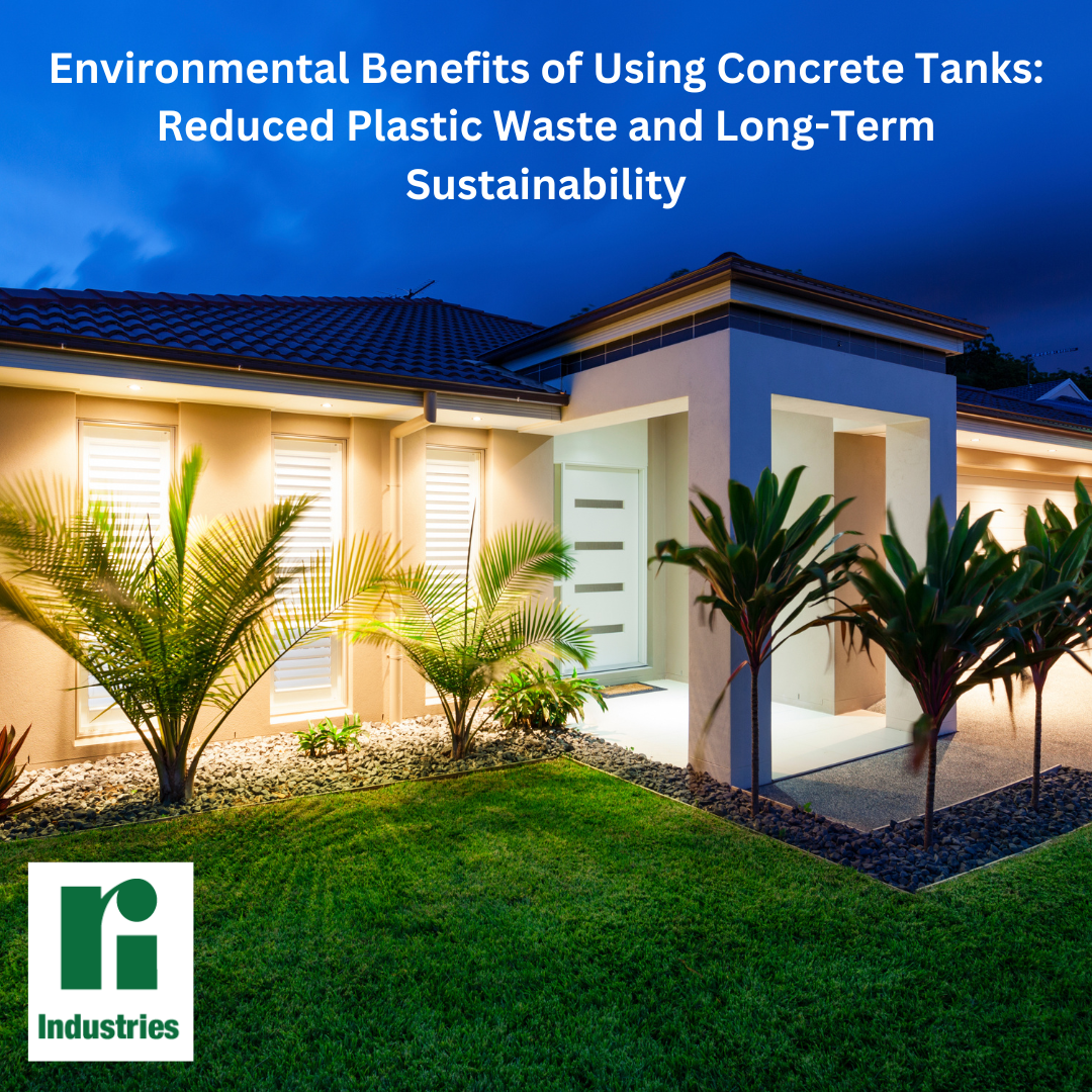 Image shows a house at nighttime, lit up with lush green grass and palm trees to infer benefits of concrete tanks