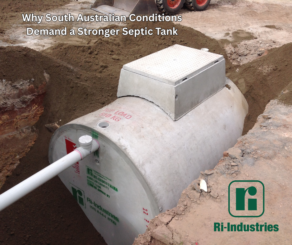 image shows a Ri-Industries concrete septic tank being installed underground