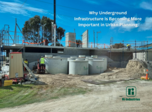 Image shows Ri-Industries concrete tanks being installed.